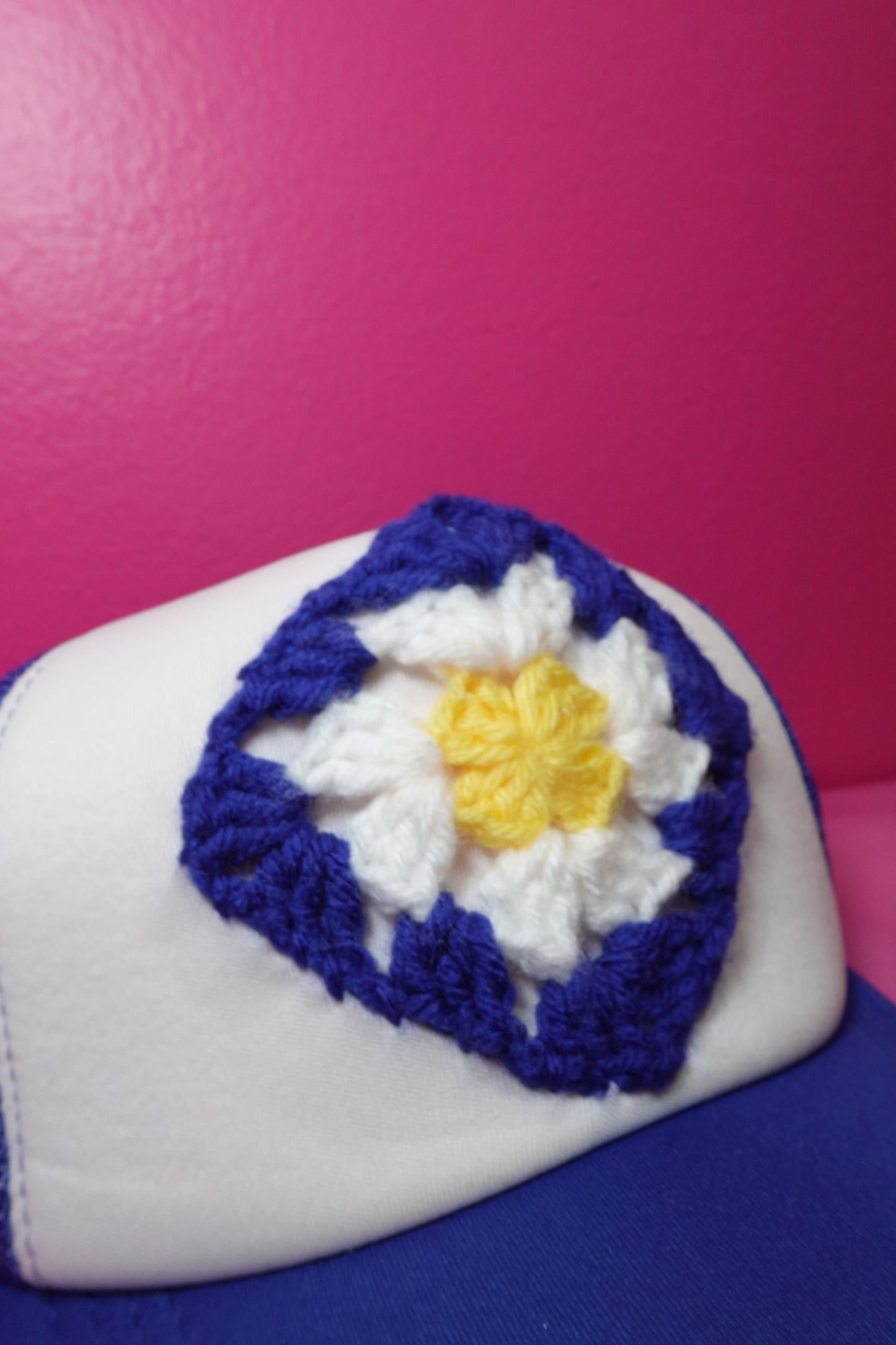 Blue Crochet Trucker Hat with Handmade Granny Square β Adjustable Summer Accessory