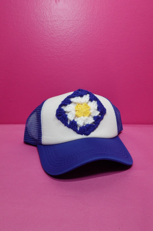 Blue Crochet Trucker Hat with Handmade Granny Square – Adjustable Summer Accessory