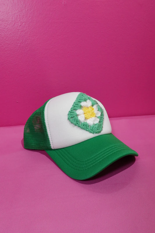 Granny Square Trucker Hat – Green Crochet Patch Cap for Spring & Summer
