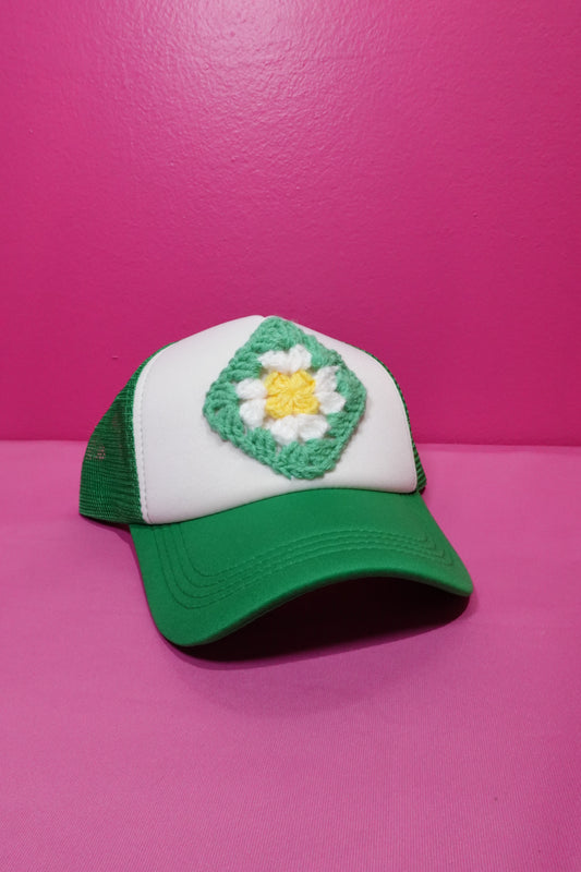 Granny Square Trucker Hat – Green Crochet Patch Cap for Spring & Summer