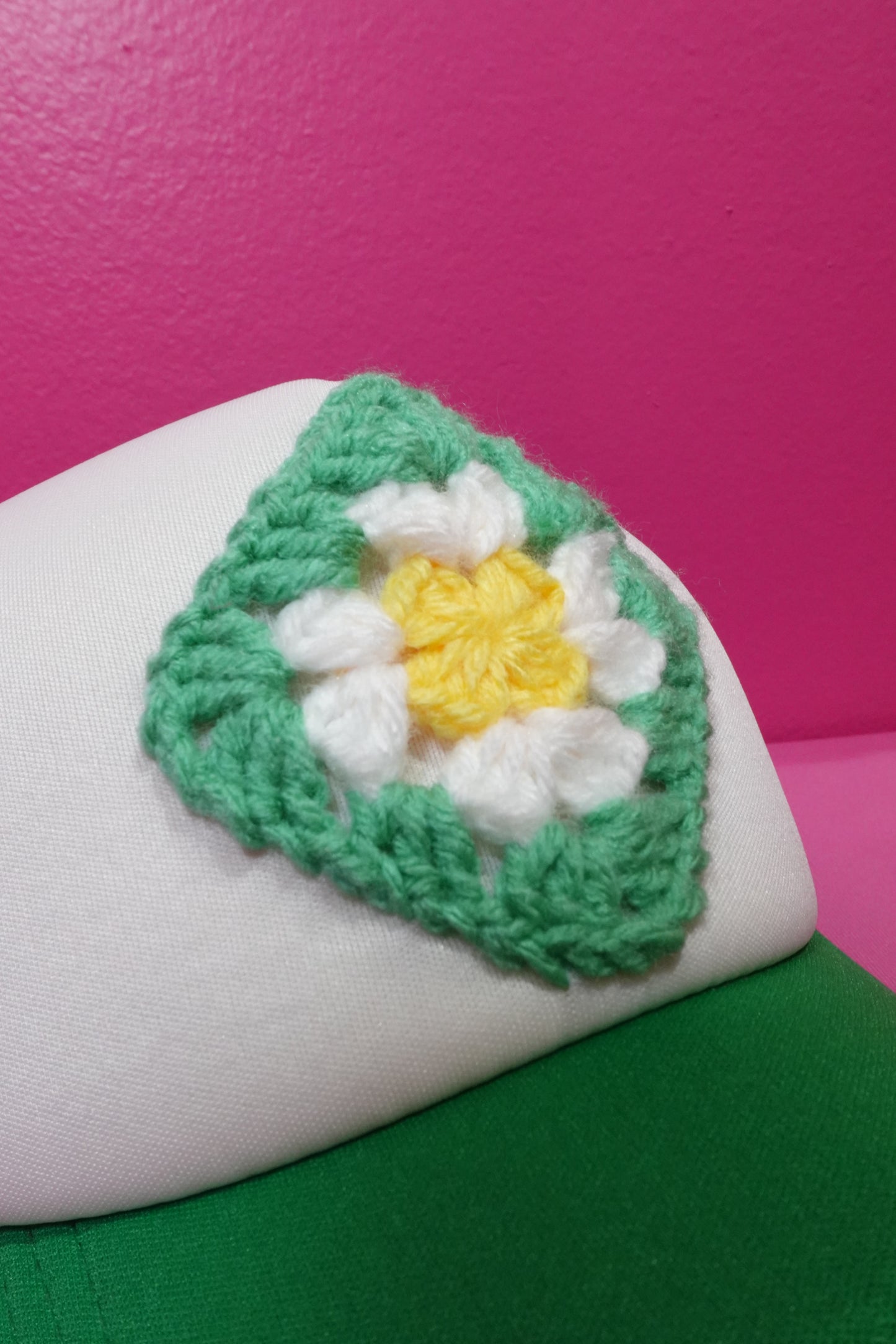Granny Square Trucker Hat – Green Crochet Patch Cap for Spring & Summer